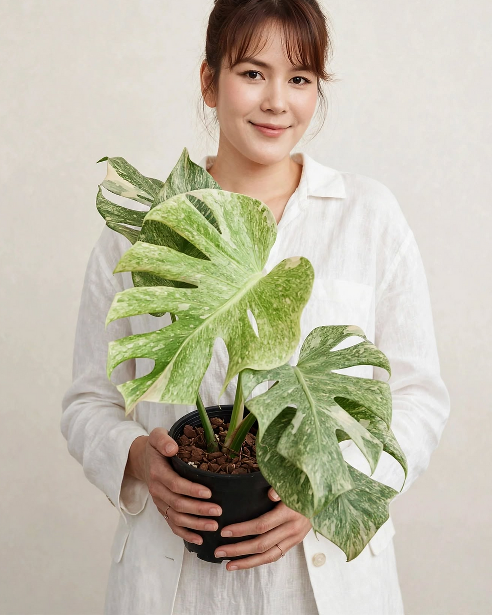 Monstera Thai Constellation in a black pot held by a person, showing cream-speckled fenestrated leaves