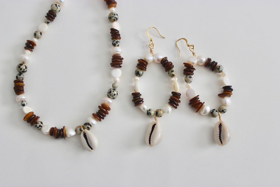 Thumbnail: Cowrie Shell Danum + Dalmatian Jasper Oval Hoops