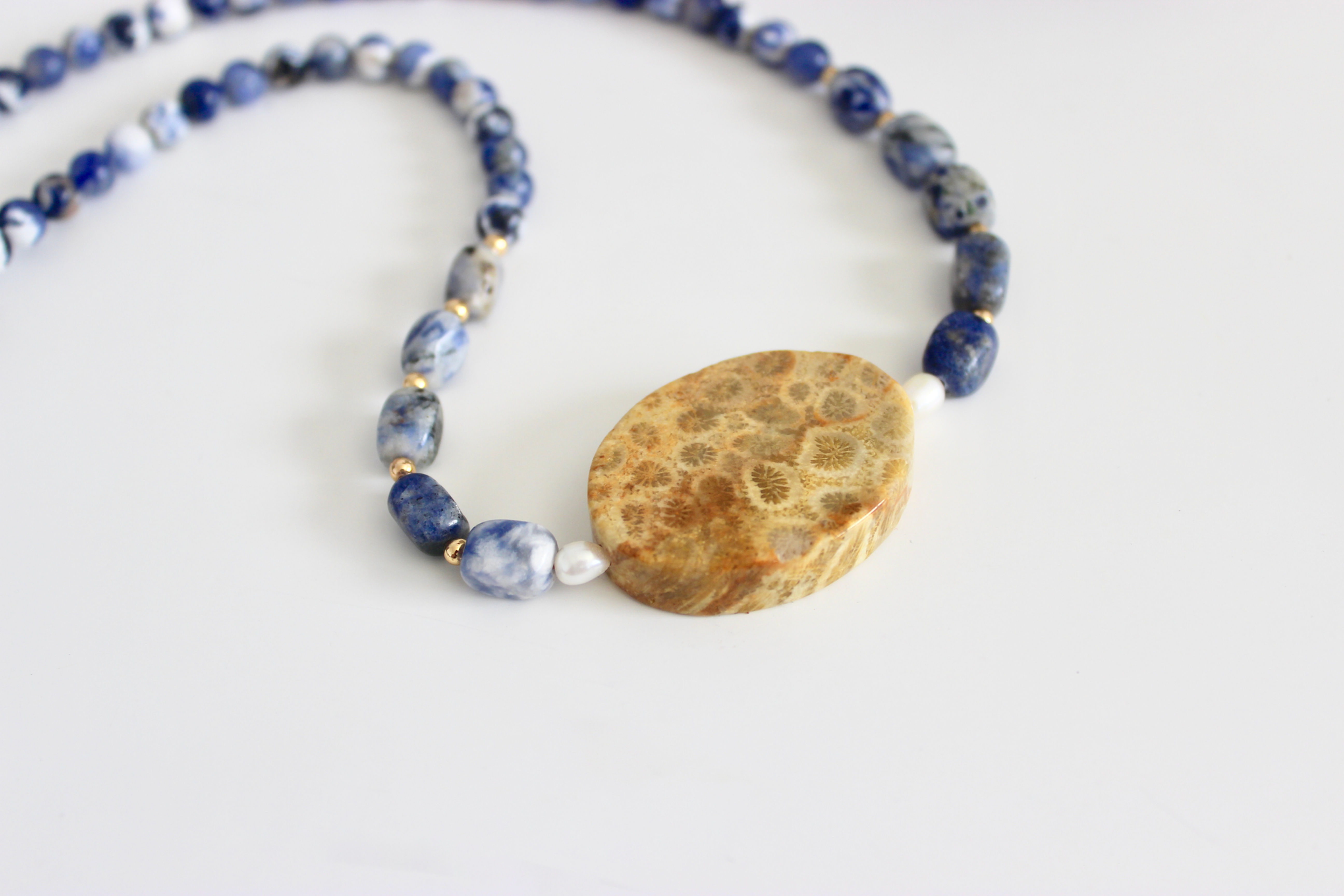 Fossil Coral Agate + Sodalite + Pearl Choker