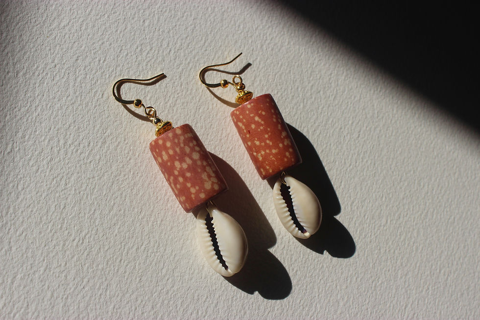 Thumbnail: Vintage Wood Batik Cowrie Earrings