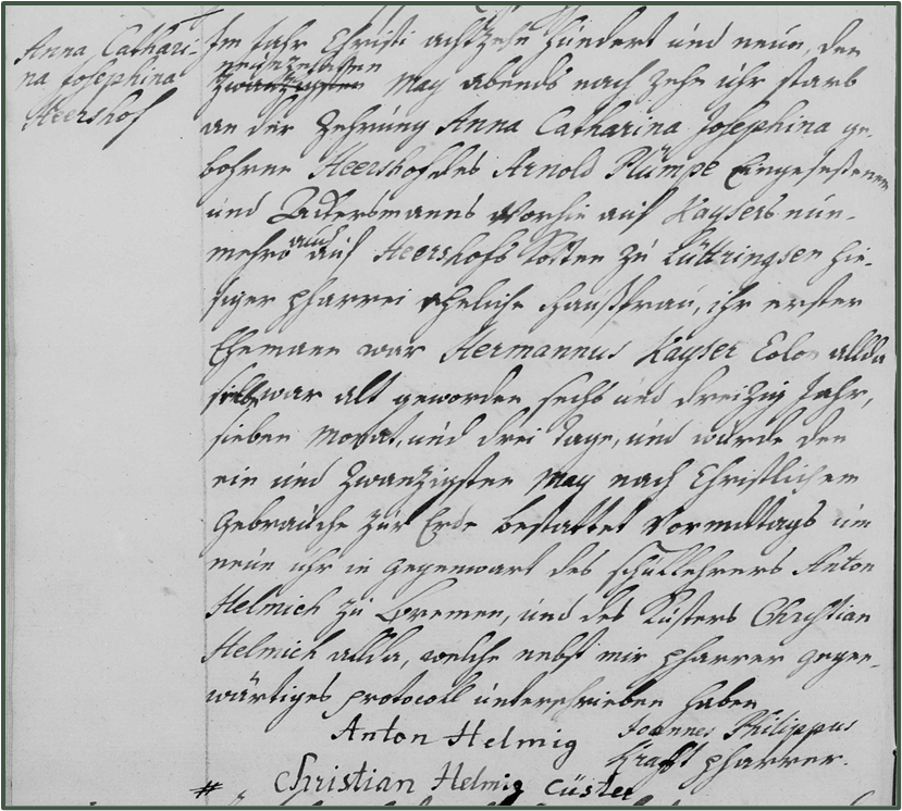 Es folgt eine Bild: Eine Kopie aus dem Kirchnbuch zum Sterbeintrag von Anna Catharina Josephina Heershoff. Der Inhalt ist in der folgenden Abschrift.