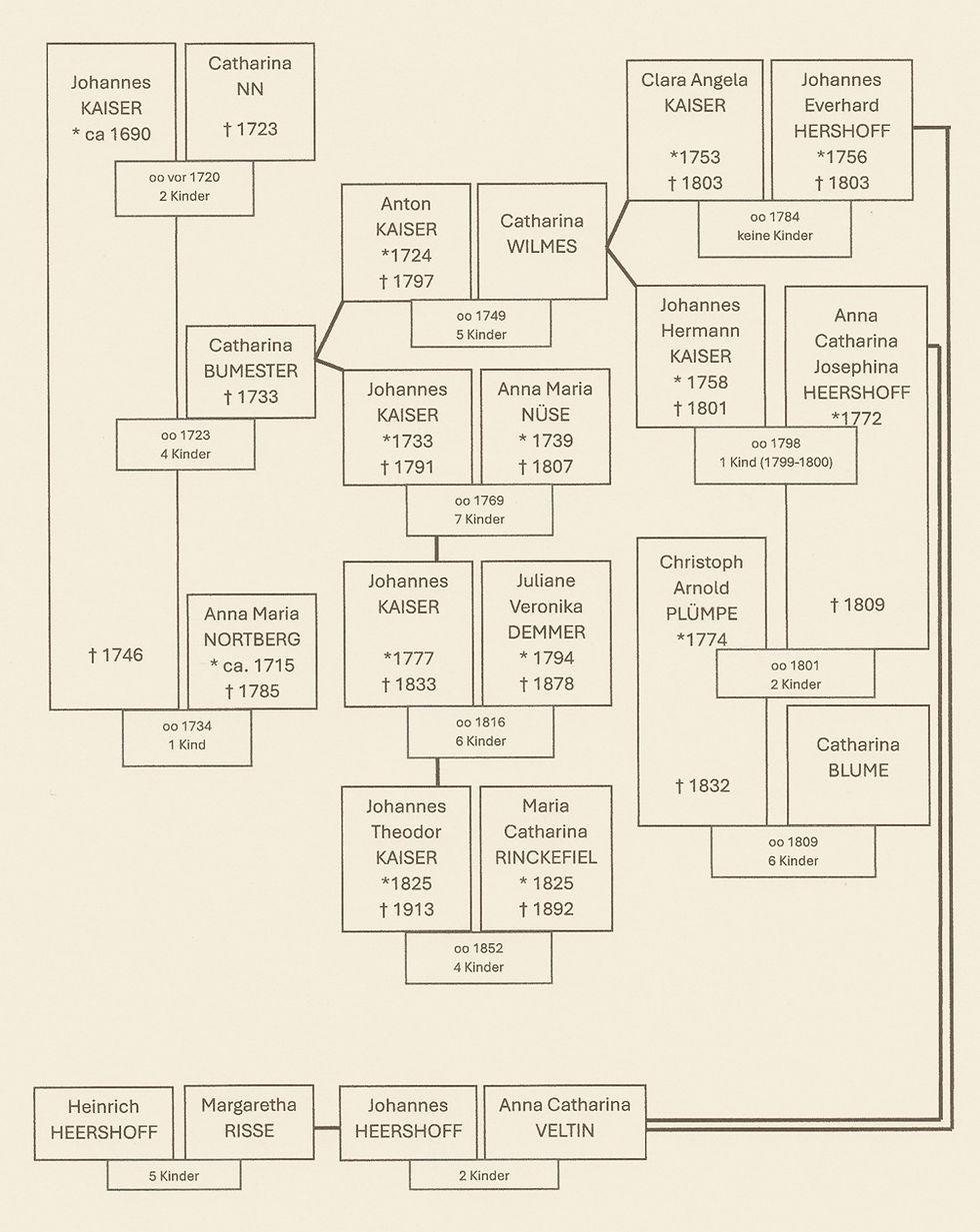 Dies ist ein Bild, dass die beschriebenen Zusammenhänge der Familien Kaiser und Heershoff visualisiert.