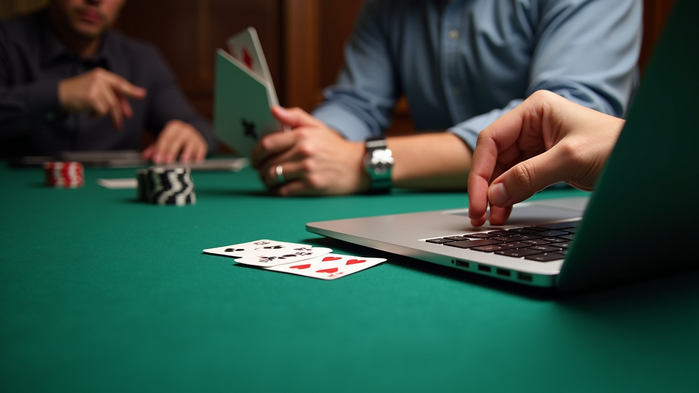 Close-up view of a poker player’s hand holding cards near a laptop keyboard