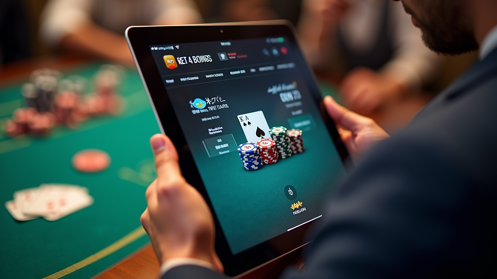 High angle view of a tablet showing poker bonuses and promotions