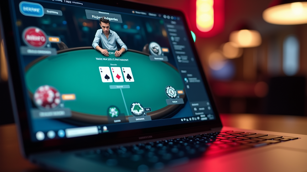 Eye-level view of a laptop screen showing an online poker tournament lobby