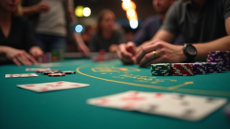 High angle view of a poker table with chips and cards during an online tournament