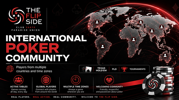 International PokerBros community at The Flip Side Club 26670 with players from multiple countries and time zones.