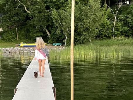 A woman and a small dog walk on a dock over a lake. An owl statue on a pole is visible. Lush trees line the shore under a cloudy sky.