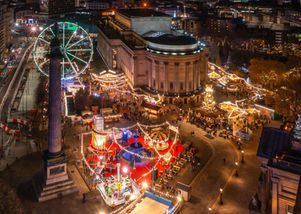 Aerial view of St George's Hall in Liverpool surrounded by the twinkling lights of the Liverpool Christmas Market.