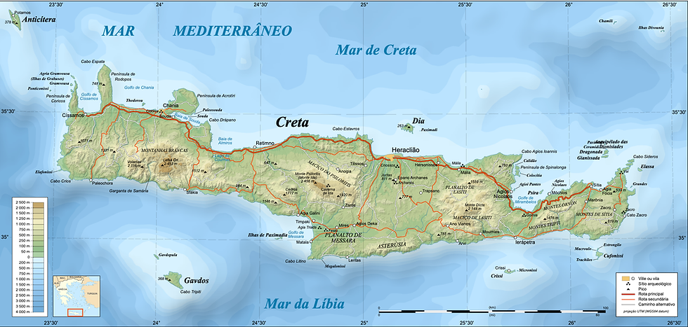 Creta - georafia variada com montanhas, planices e costas maritmas