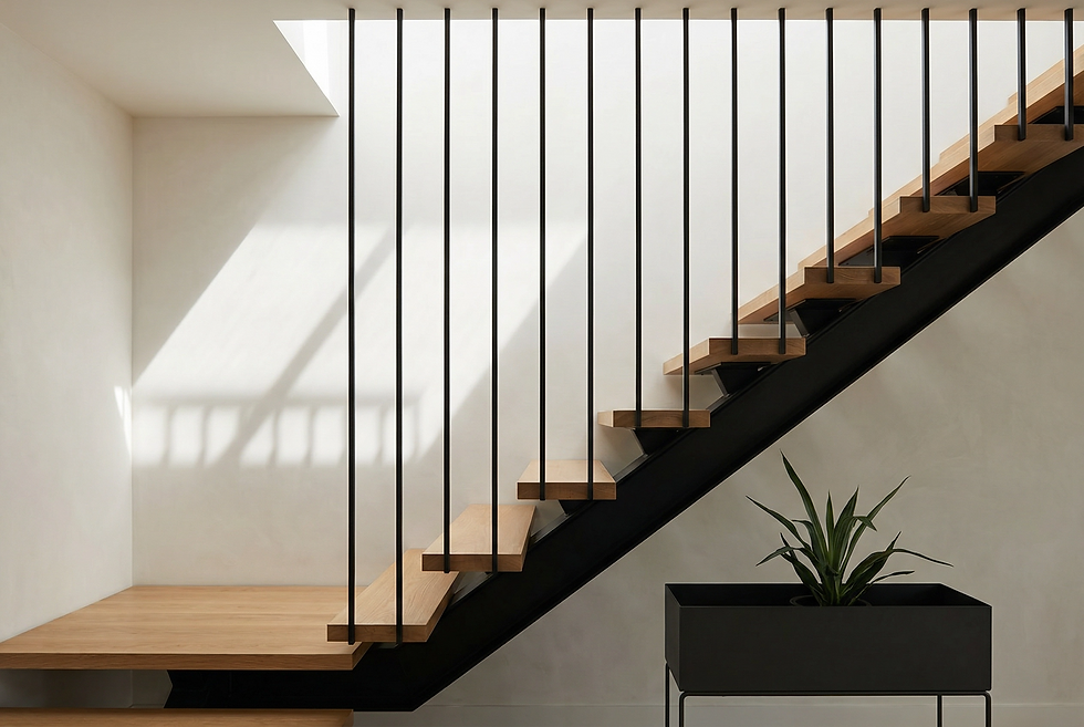 Residential renovation – modern staircase with wood steps and metal railing