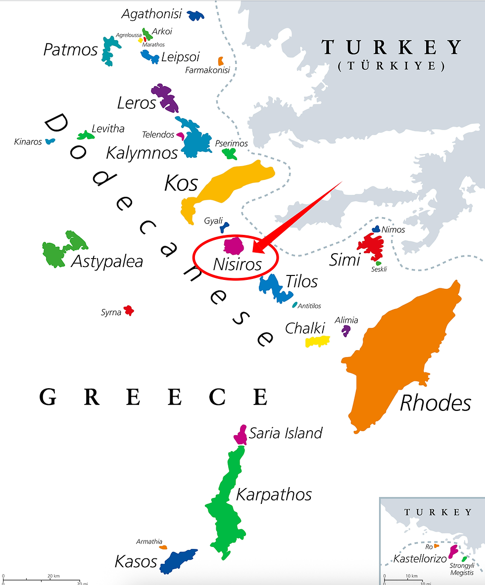 Mapa do Dodecaneso e a Ilha de Nisiros