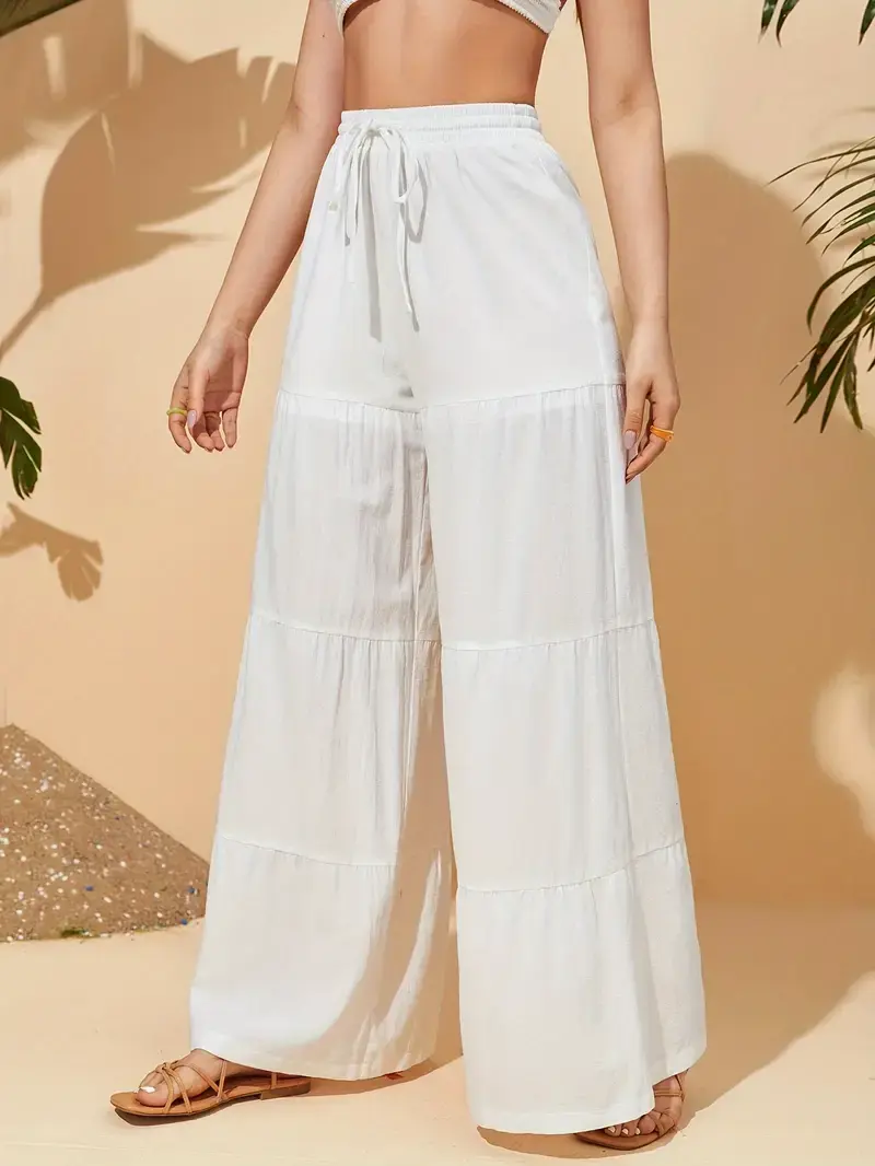Thumbnail: White Wide Leg Tiered Pants, Casual Drawstring Loose Pants Hippy Style BOHO