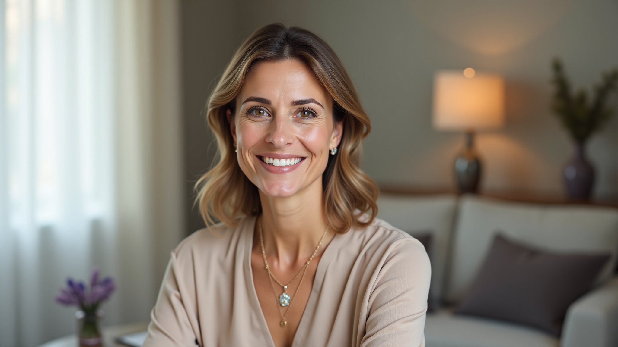 Smiling woman with necklace, in a light top, blurred home background.