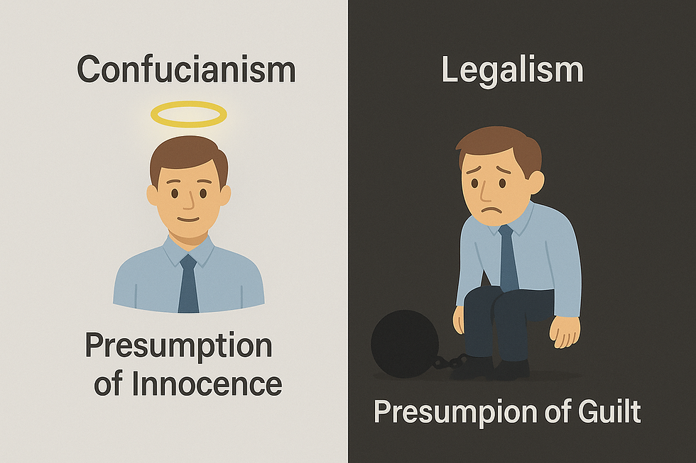 Left: Happy man with halo, labeled Confucianism, "Presumption of Innocence." Right: Sad man with ball and chain, labeled Legalism, "Presumption of Guilt."
