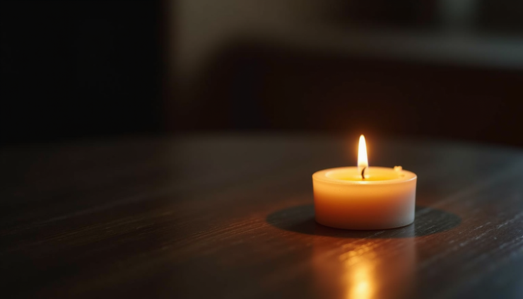 Eye-level view of a single lit candle on a dark wooden table symbolizing hope and recovery