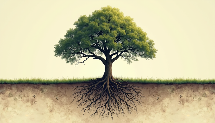 Eye-level view of a family tree drawing on paper with roots spreading deep into the ground