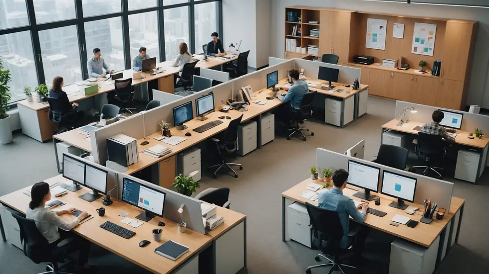 High angle view of a busy office environment focusing on collaborative work