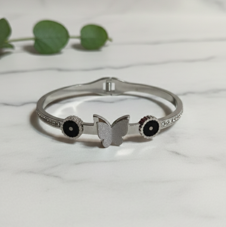 Modern Charm: Silver-Tone Butterfly & Enamel Bangle