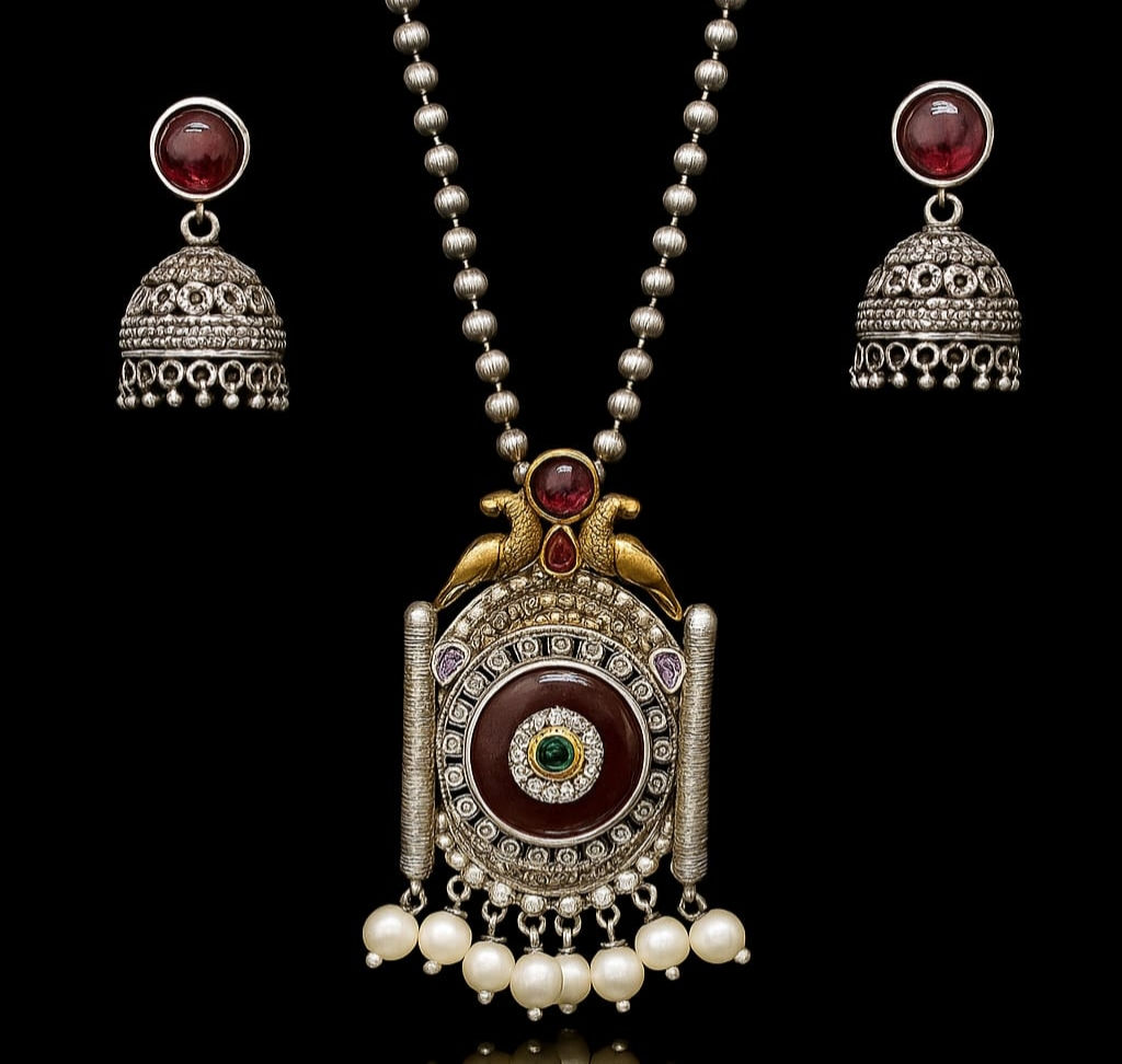Ruby Heritage: Oxidized Dual-Tone Temple Jewelry Set