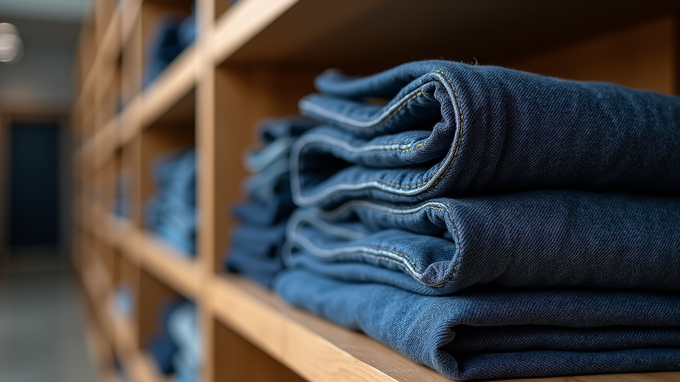 Eye-level view of folded latest men's denim jeans on wooden shelf