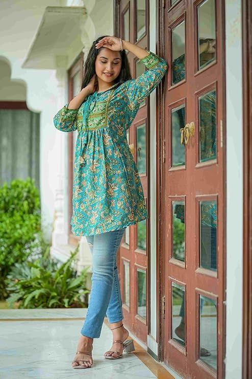 Thumbnail: Women's Polyester  Short Floral Placet 3/4 Sleeve and Keyhole Neck Printed Kurti