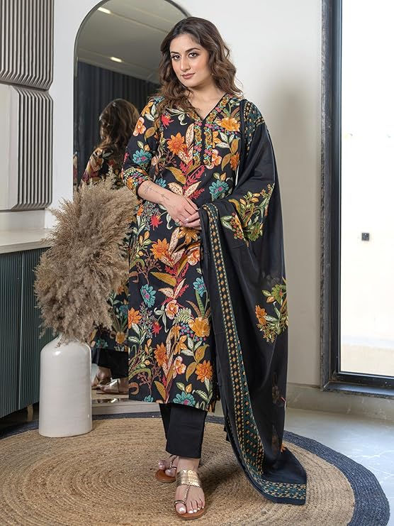 Thumbnail: Women’s Pure Cotton Floral Kurta Set with Pants & Dupatta |