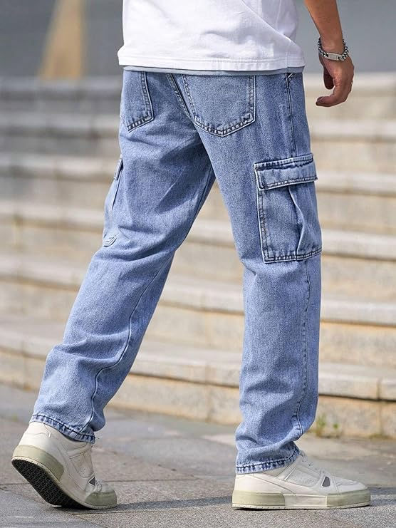 Thumbnail: Man wearing light blue denim cargo pants walking on outdoor steps Shopizo