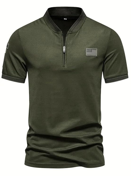 Thumbnail: Olive green short-sleeve shirt with zipper and a patch Shopizo