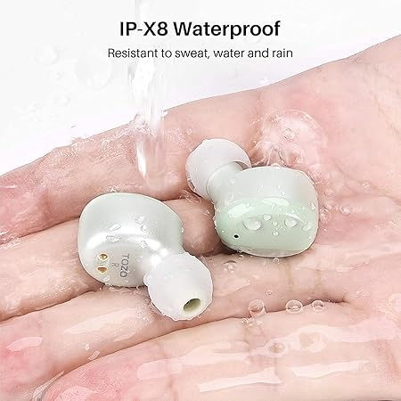 Thumbnail: IP-X8 Waterproof earbuds with water on hands. Resistant to sweat, rain, and water.