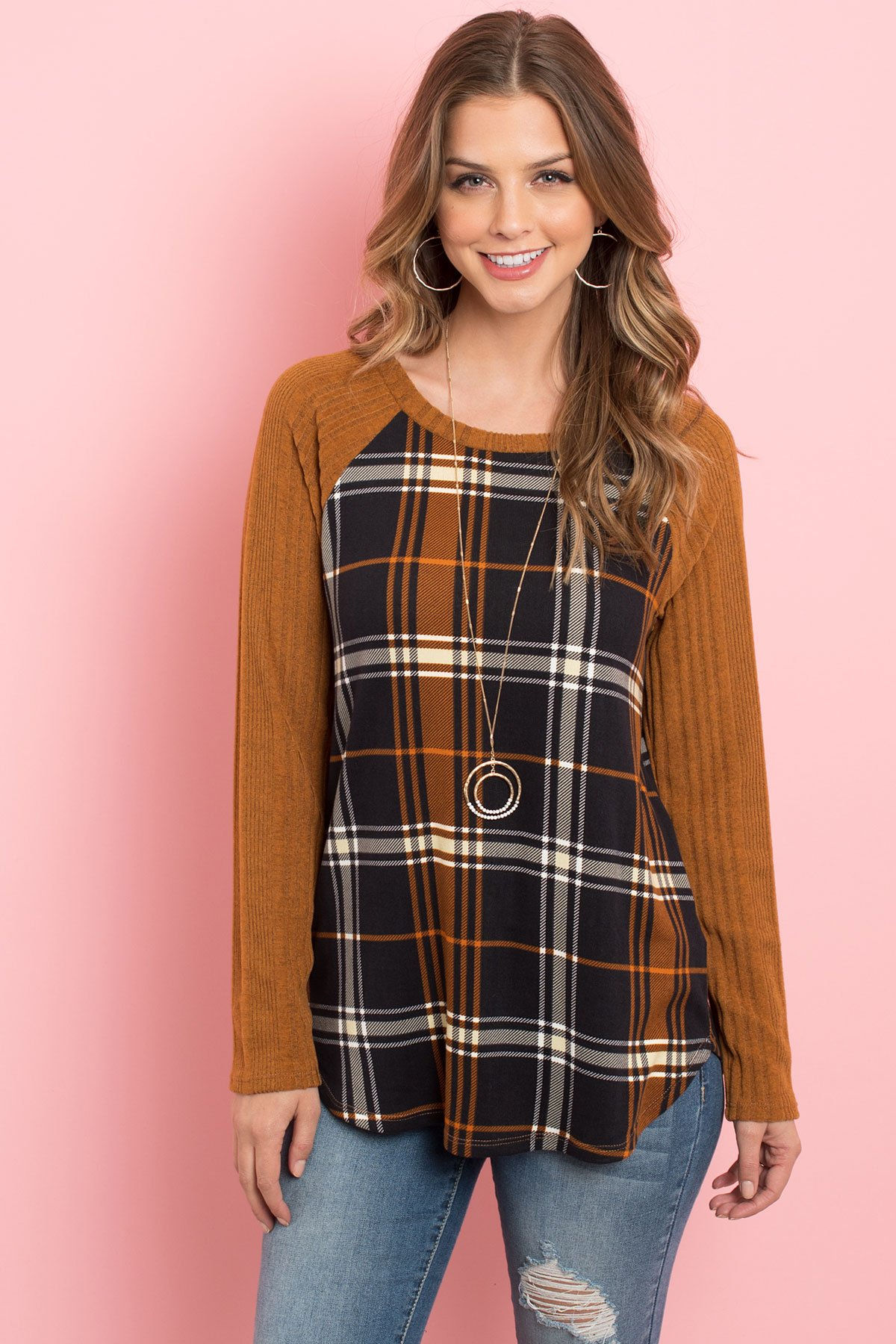 Long Sleeve Knit Detail Contrast Plaid Top