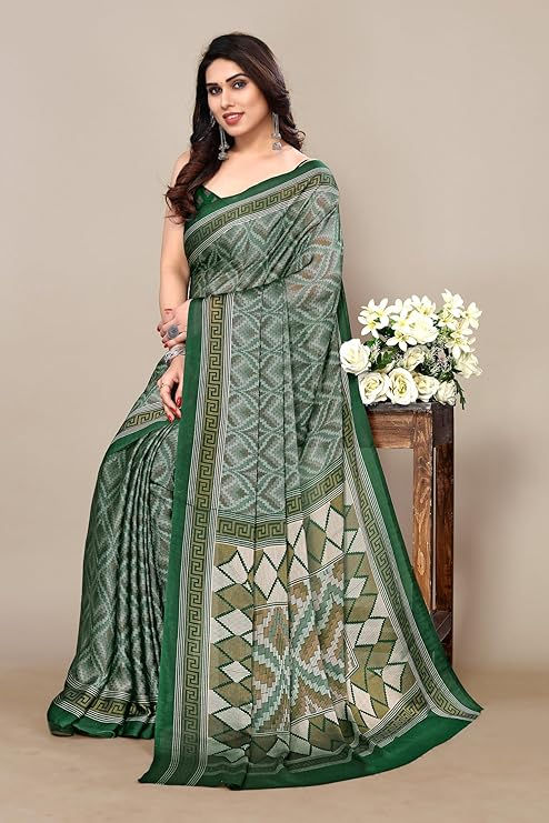 Thumbnail: Woman wearing a green and beige printed saree with floral background Shopizo
