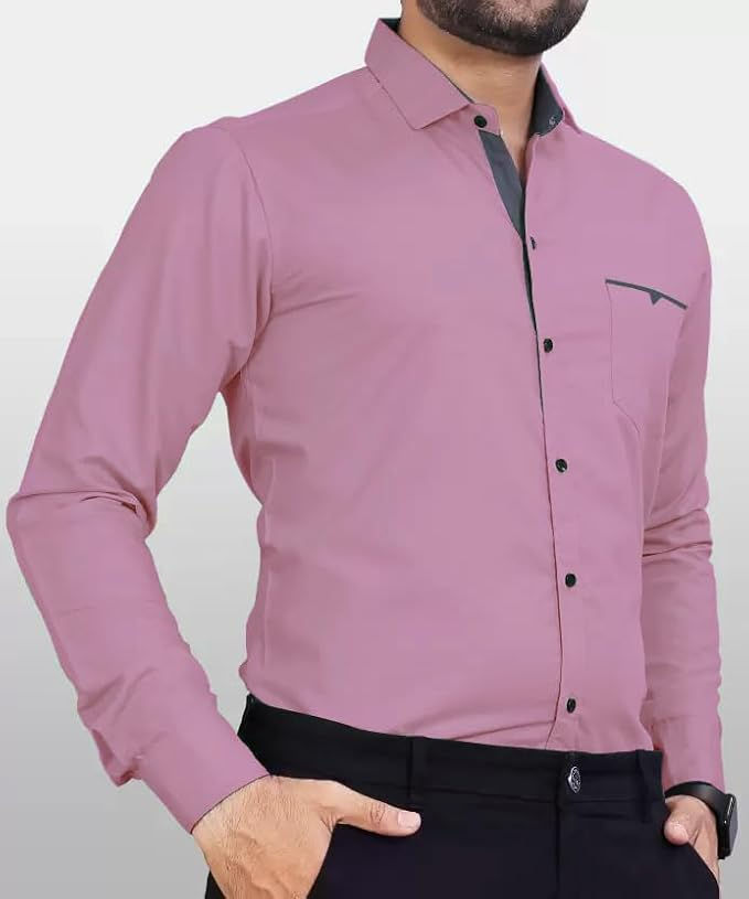 Man in stylish pink shirt and black pants, shopizo on white background.