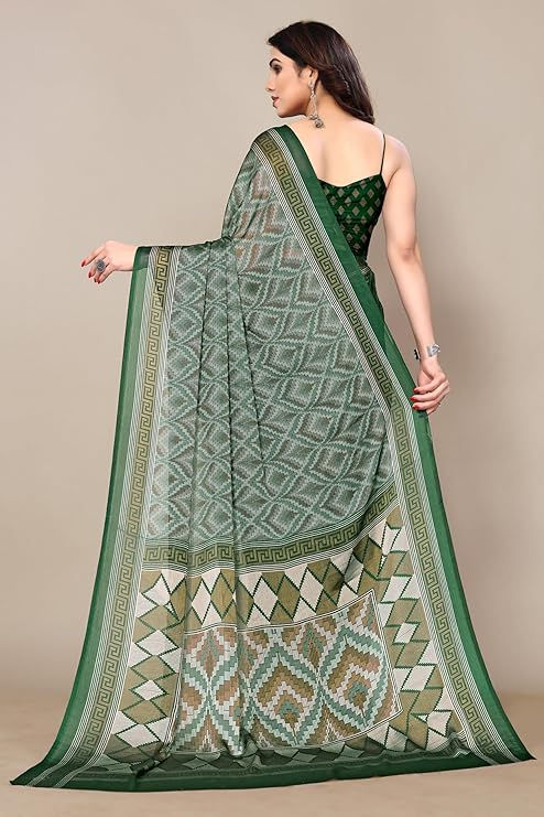 Thumbnail: Woman wearing green saree, patterned design, elegant look, Shopizo.