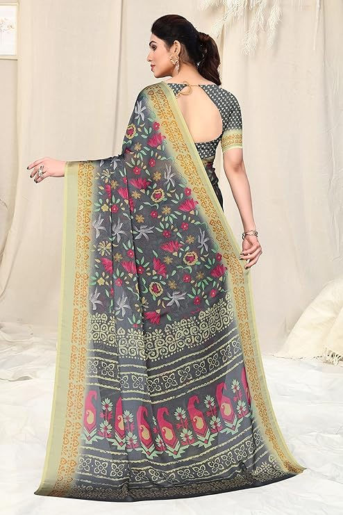 Thumbnail: Woman wearing floral print saree from behind; fashion clothing; Shopizo.