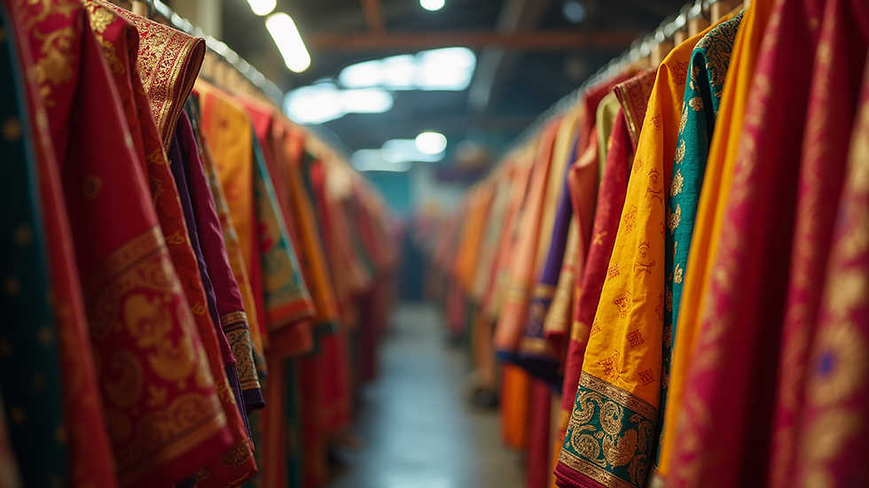 Eye-level view of traditional Indian sarees displayed in a market