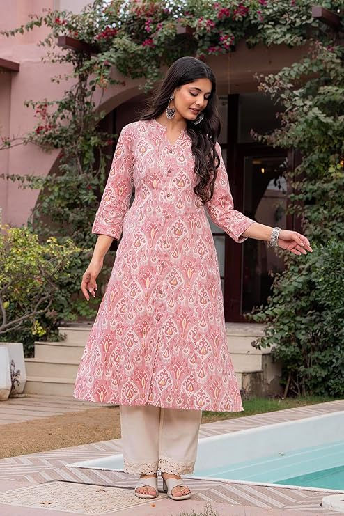 Thumbnail: Women Pure Cotton Printed Mandarin A-Line Kurta With Palazzos