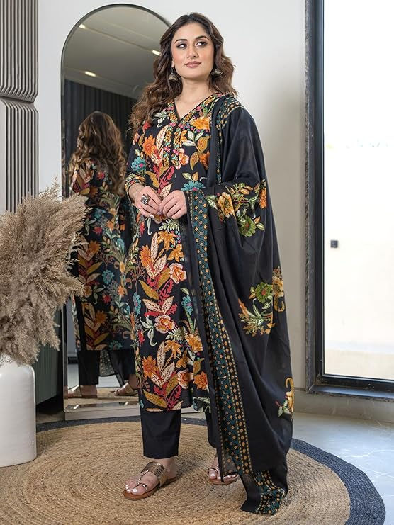 Thumbnail: Women’s Pure Cotton Floral Kurta Set with Pants & Dupatta |