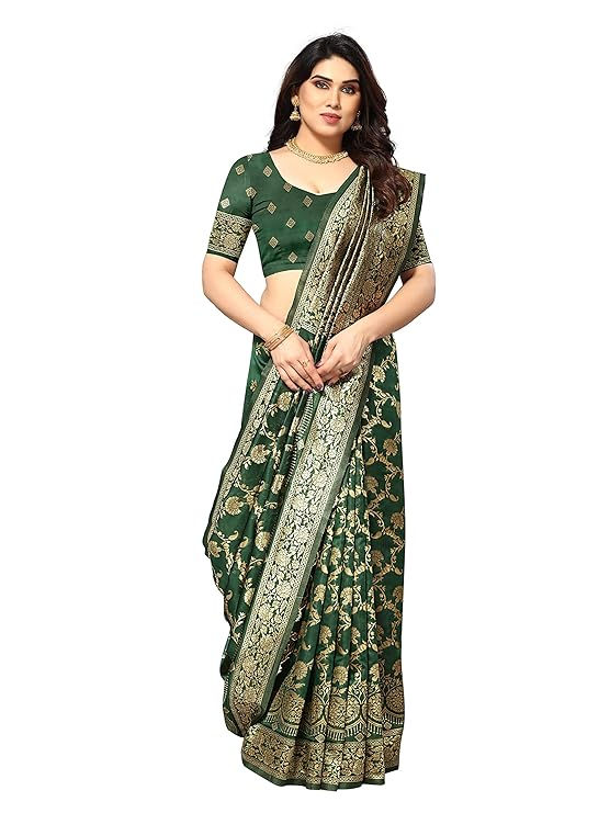 Woman wearing a green floral saree, traditional Indian clothing, isolated on white background