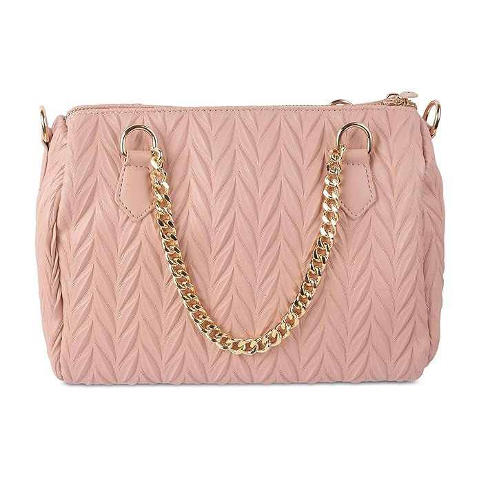 Pink quilted handbag with gold chain strap Shopizo. Stylish shoulder bag on white background