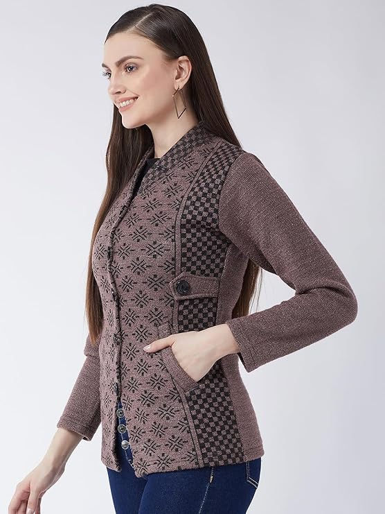 Woman wearing brown winter woolen jacket with pockets Shopizo for fashion