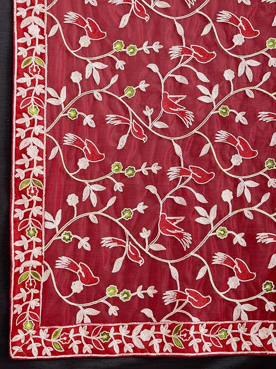 Thumbnail: Red floral patterned fabric with white and red embroidered details Shopizo