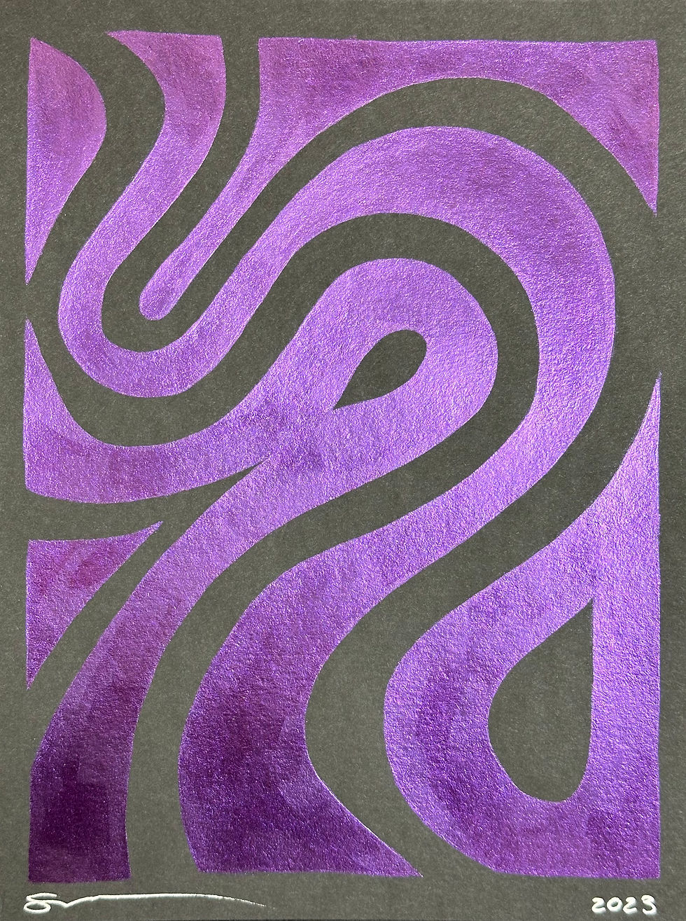 Small, purple abstract metallic painting. Waves of duotone paint on black paper.