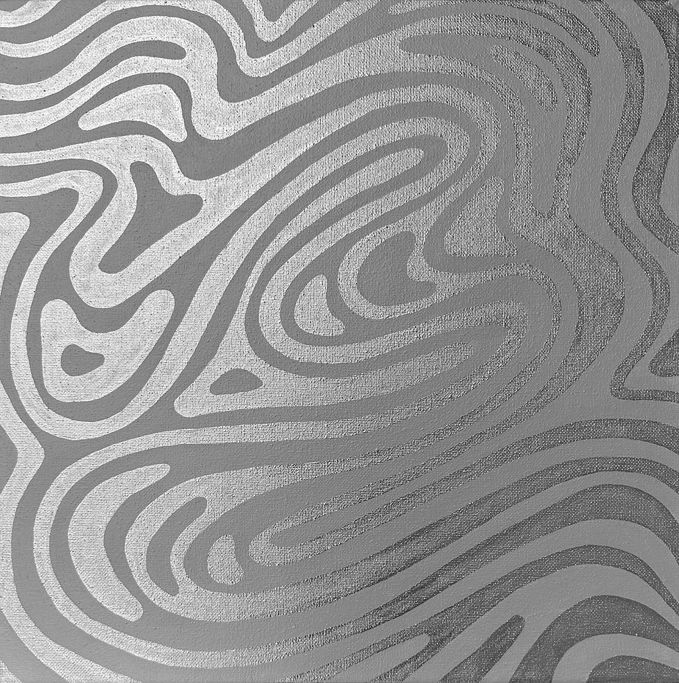 Silver, contemporary abstract painting. Gray canvas layered with flowing lines of metallic silver paint.