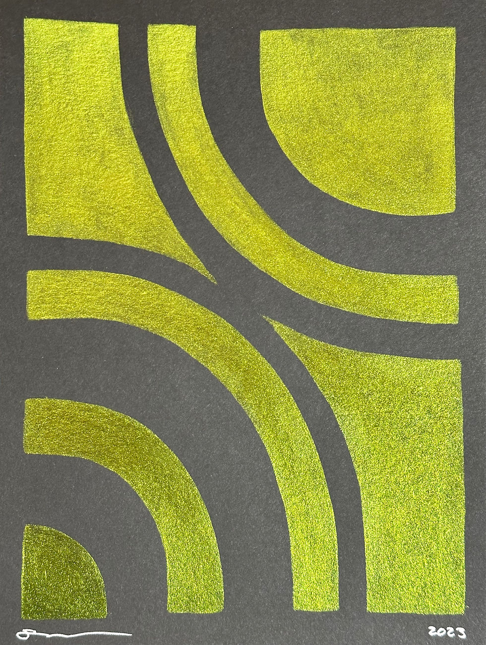 Small, green abstract metallic painting. Arches of duotone paint on black paper.