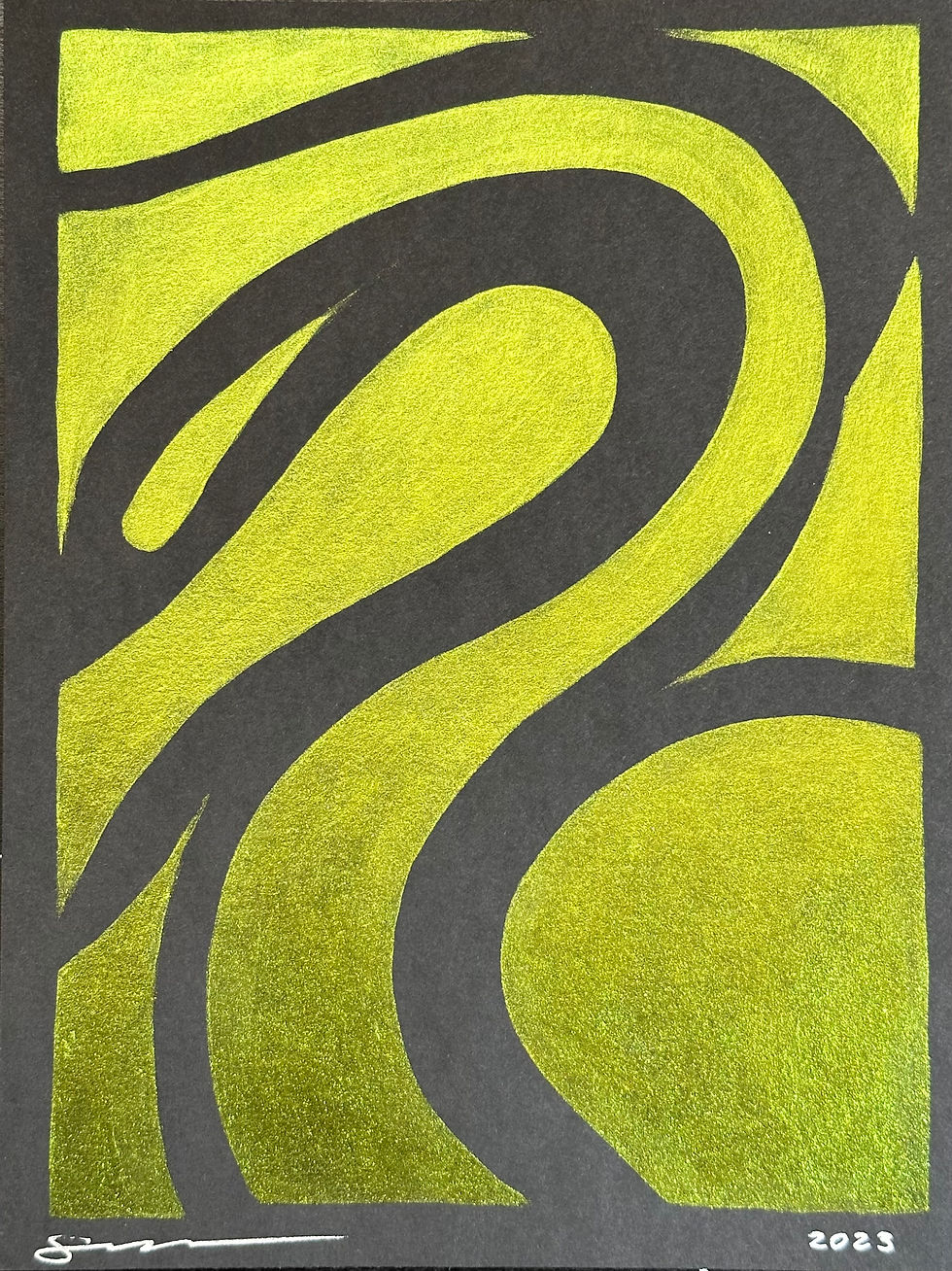 Small, green abstract metallic painting. Waves of duotone paint on black paper.