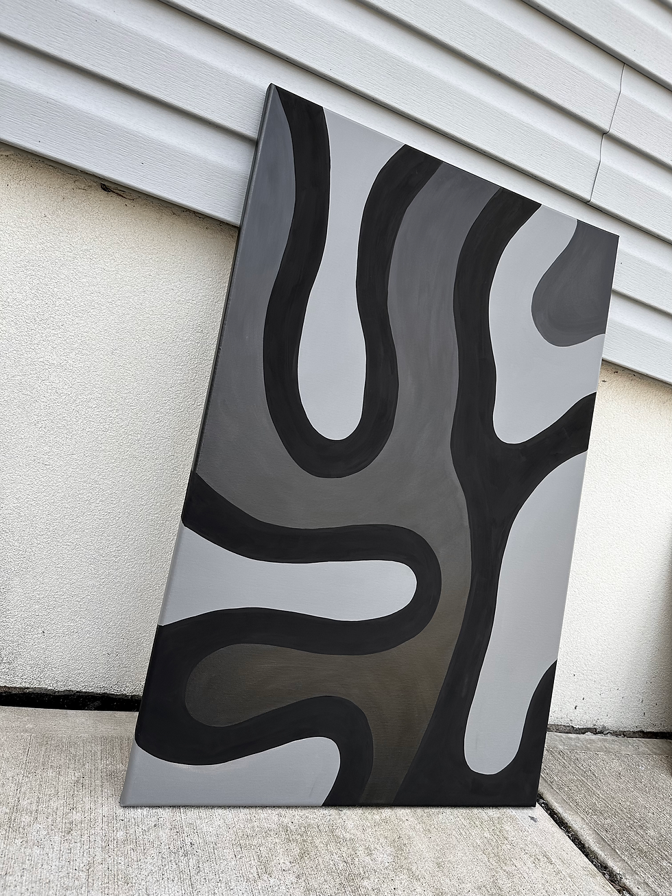 Sleek, contemporary abstract painting. Gray canvas layered with flowing lines of matte black paint.