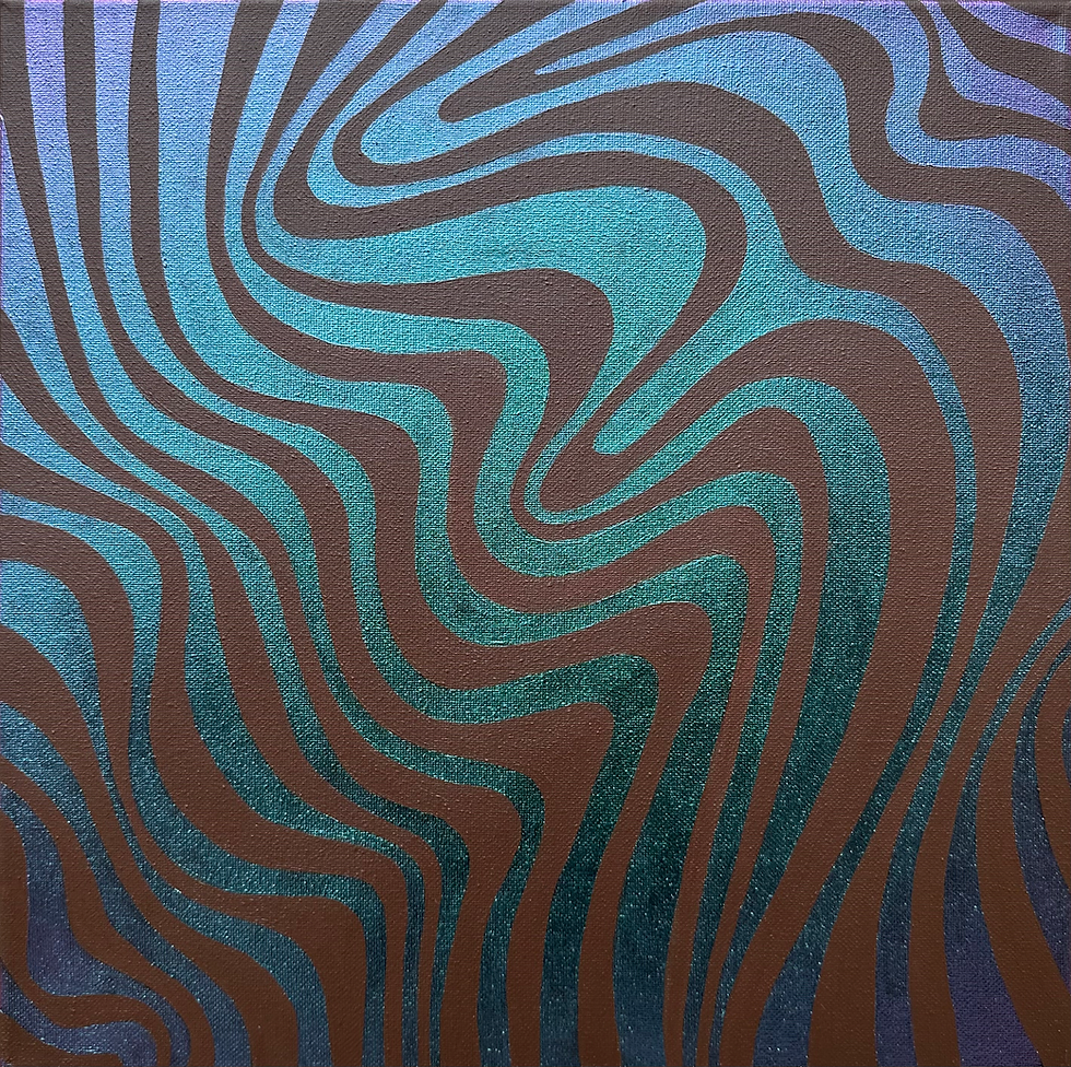 Duotone, contemporary abstract painting. Brown canvas layered with flowing lines of duotone paint.