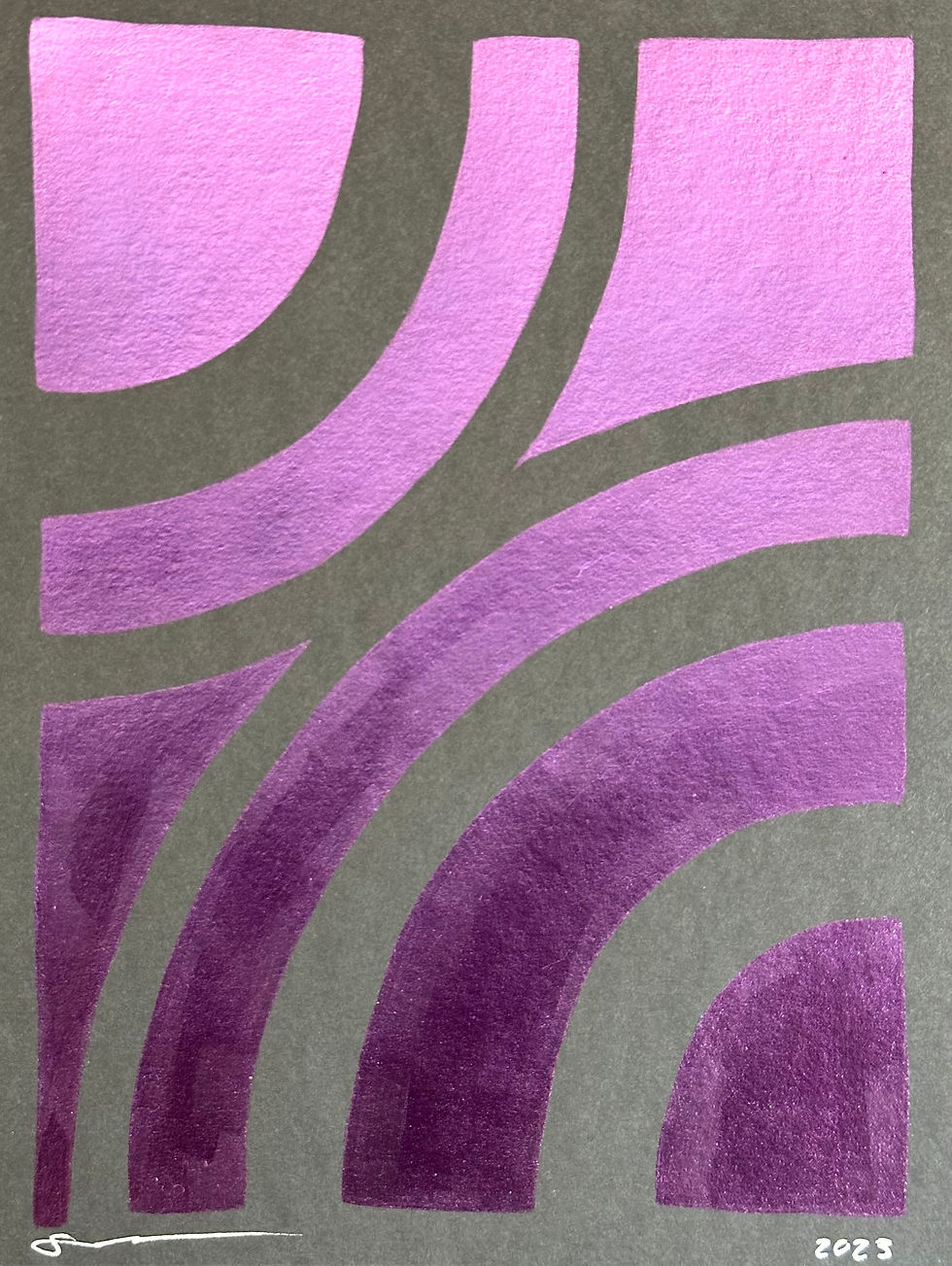 Small, purple abstract metallic painting. Arches of duotone paint on black paper.