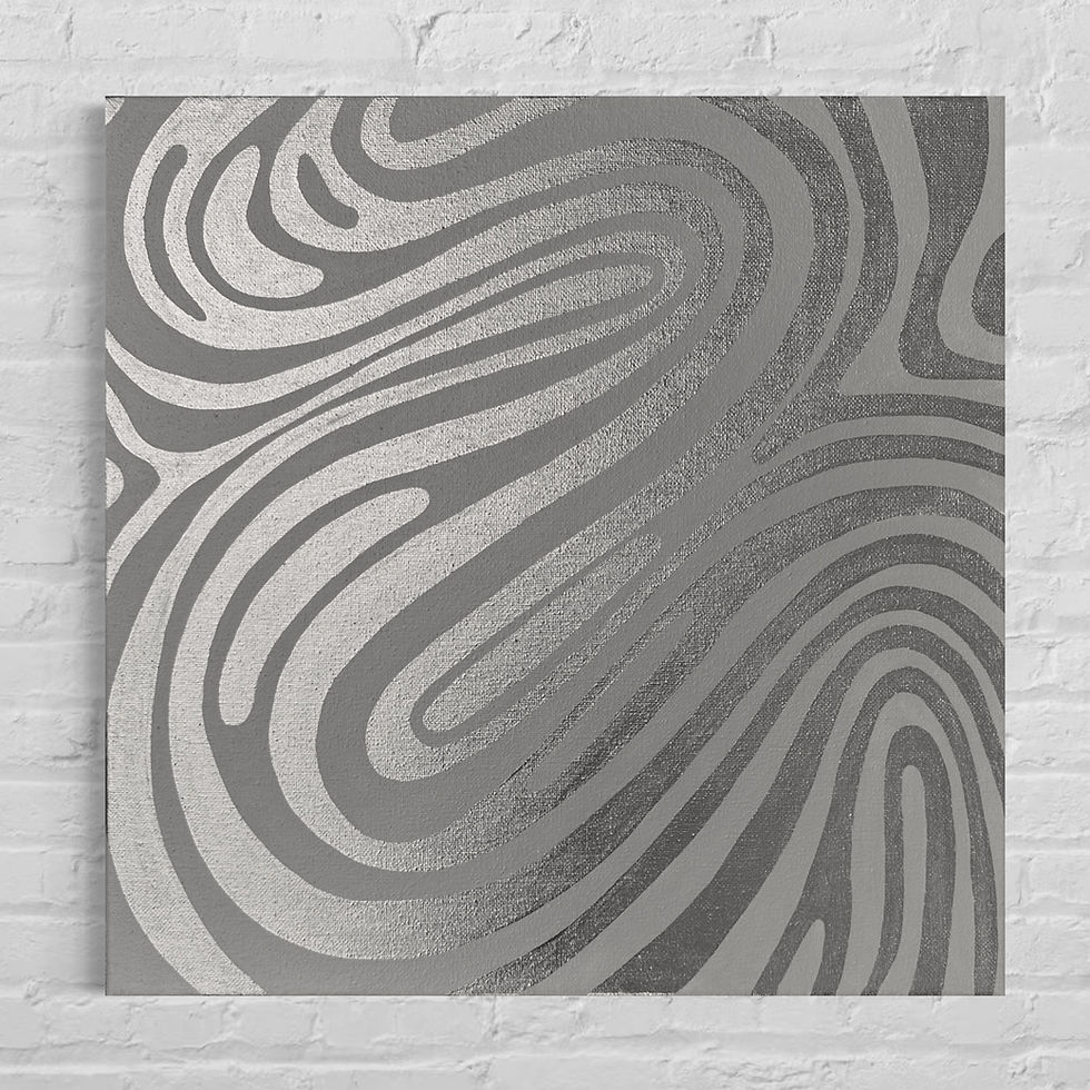 Thumbnail: Silver, contemporary abstract painting. Gray canvas layered with flowing lines of metallic silver paint.